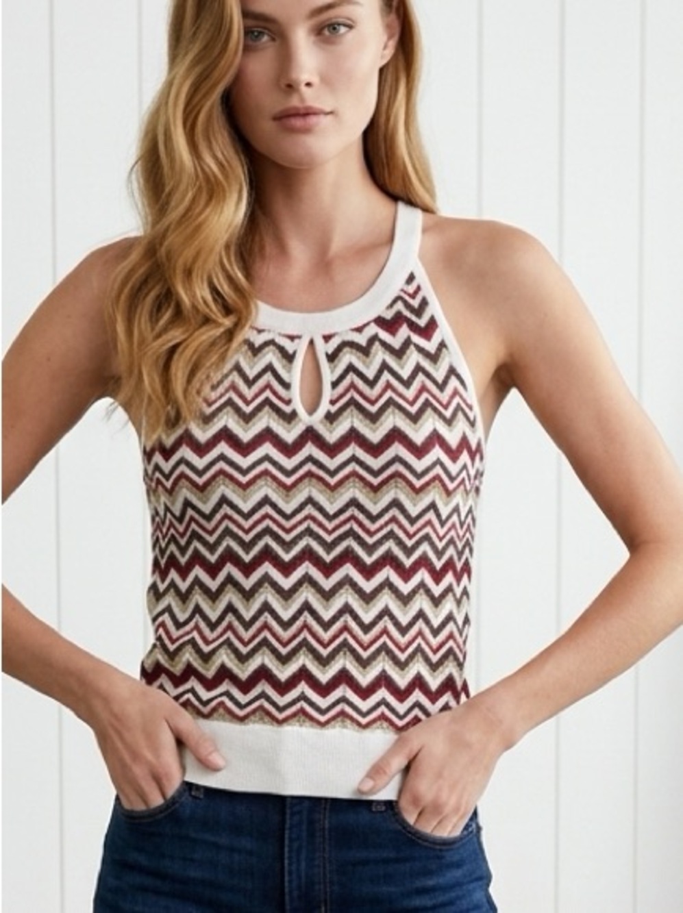 White House Black Market White Trim Chevron Knit Halter Tank